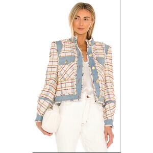 Veronica Beard Nilaja Cropped Jacket in Multi Plaid Size 6 Denim Trim EUC
